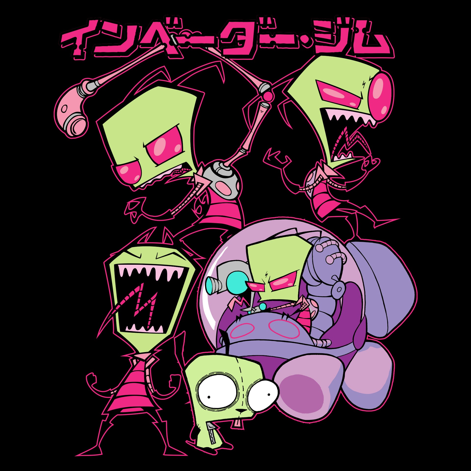 image on shirt: 3 zims laughing, zim and robot gir in ship. gir in dog suit. text: Japanese kanji
