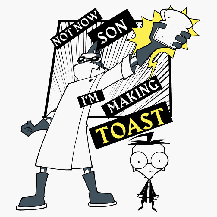 image on shirt: man holding up a piece of bread. comic book style background. boy named dib standing next to him. text: not now son i'm making toast