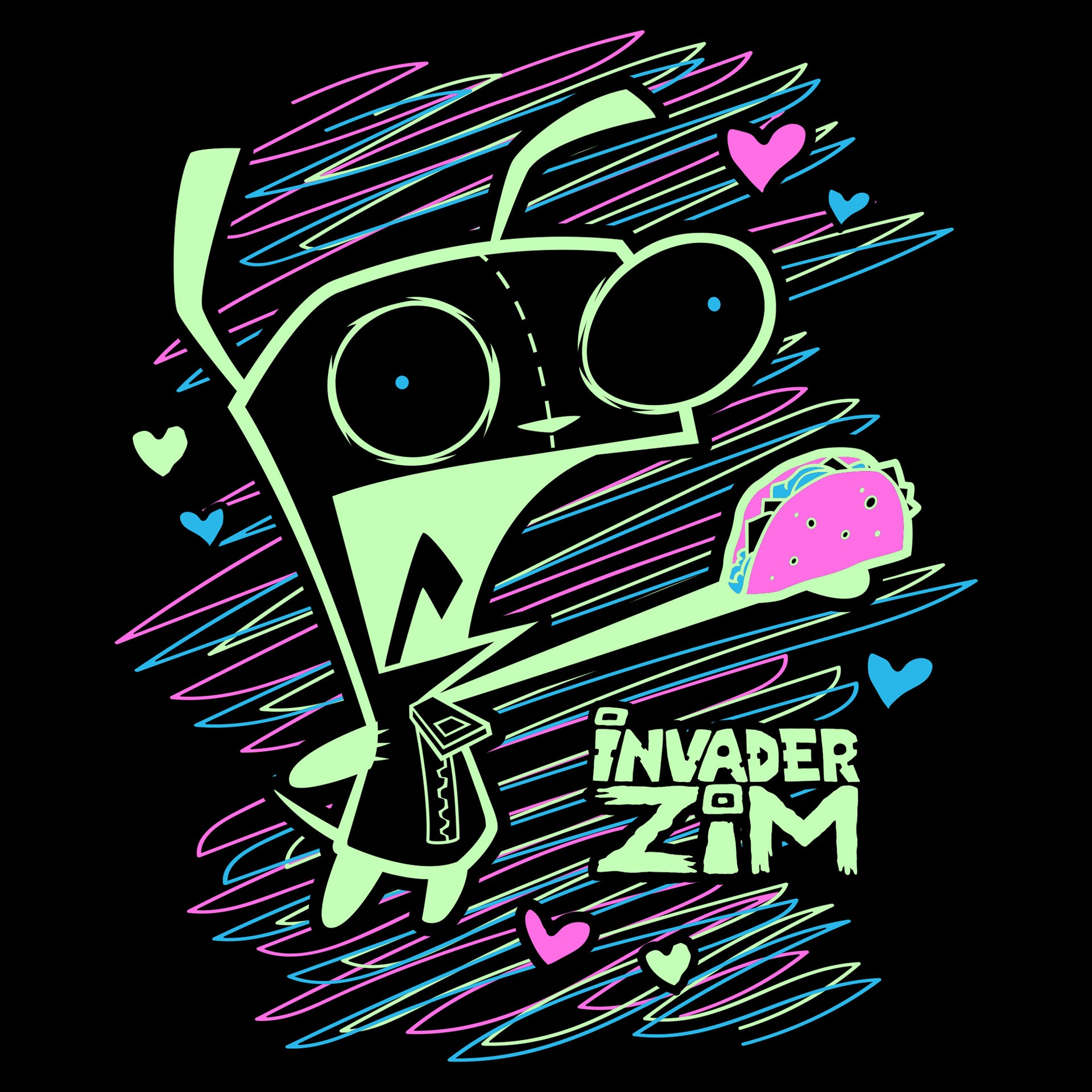 image on shirt: gir in dog suit holding taco. hearts around him and chalk lines behind him. text: invader zim