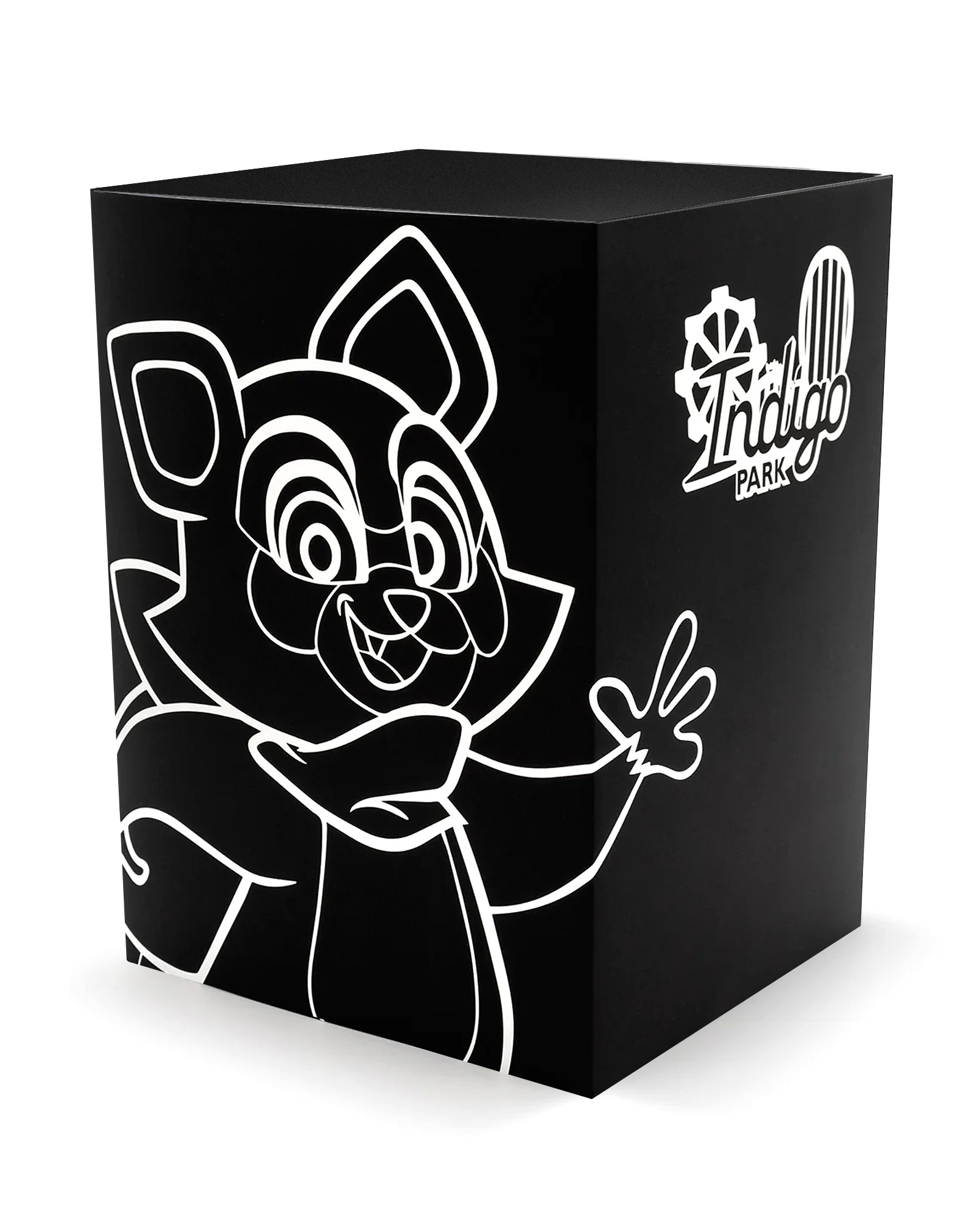 Black box with a white outline of a cartoon character and 'Indigo Park' branding on a white background