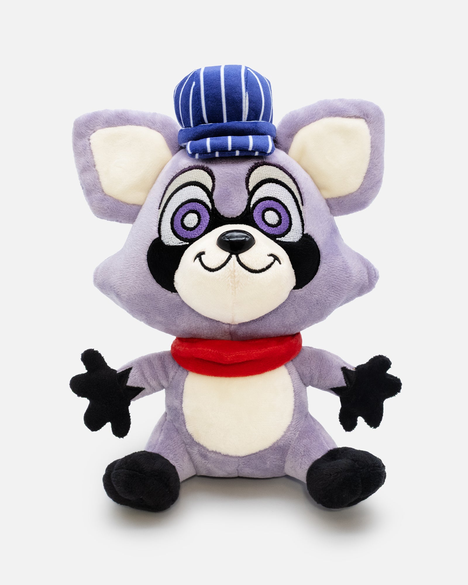 racoon plush with red banana and wearing conductor hat