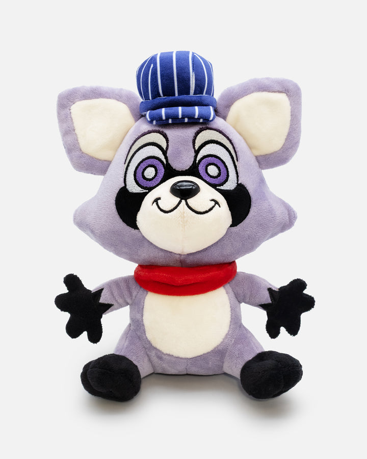racoon plush with red banana and wearing conductor hat