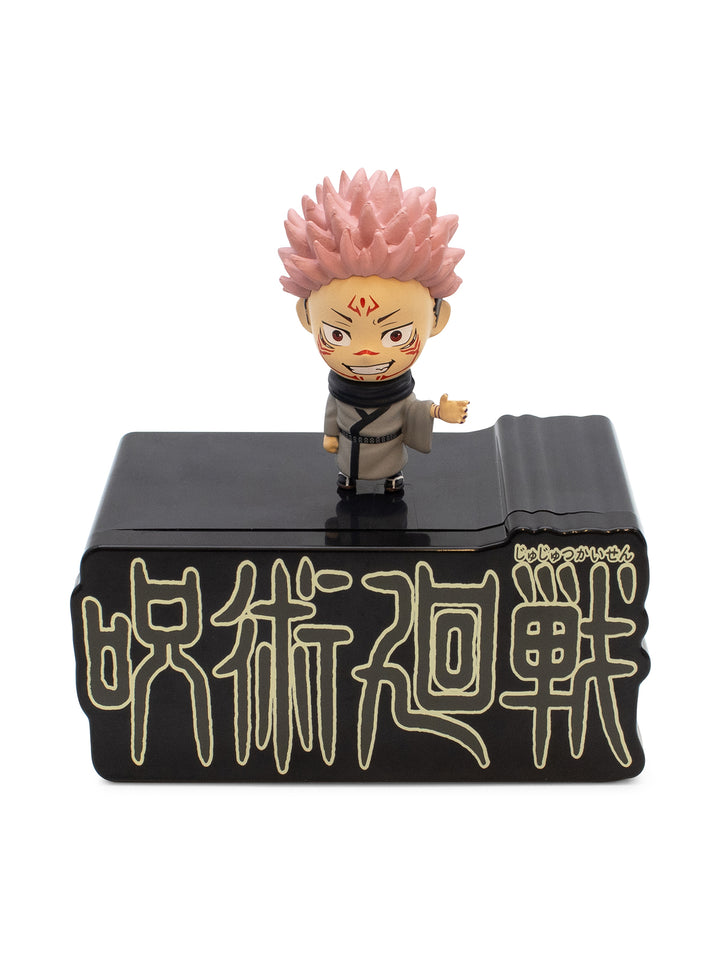 Figurine of sukuna on a black stand with white text on a white background