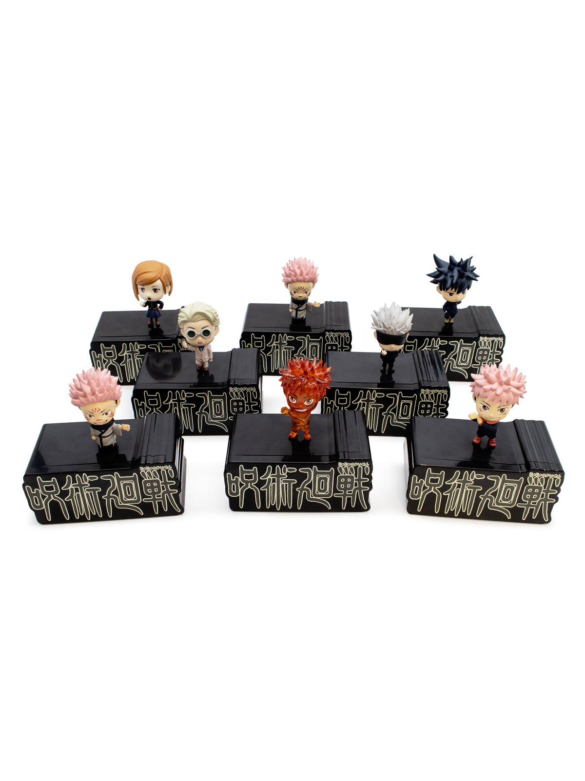 Set of figurines on black stands with 'Jujutsu Kaisen' branding on a white background