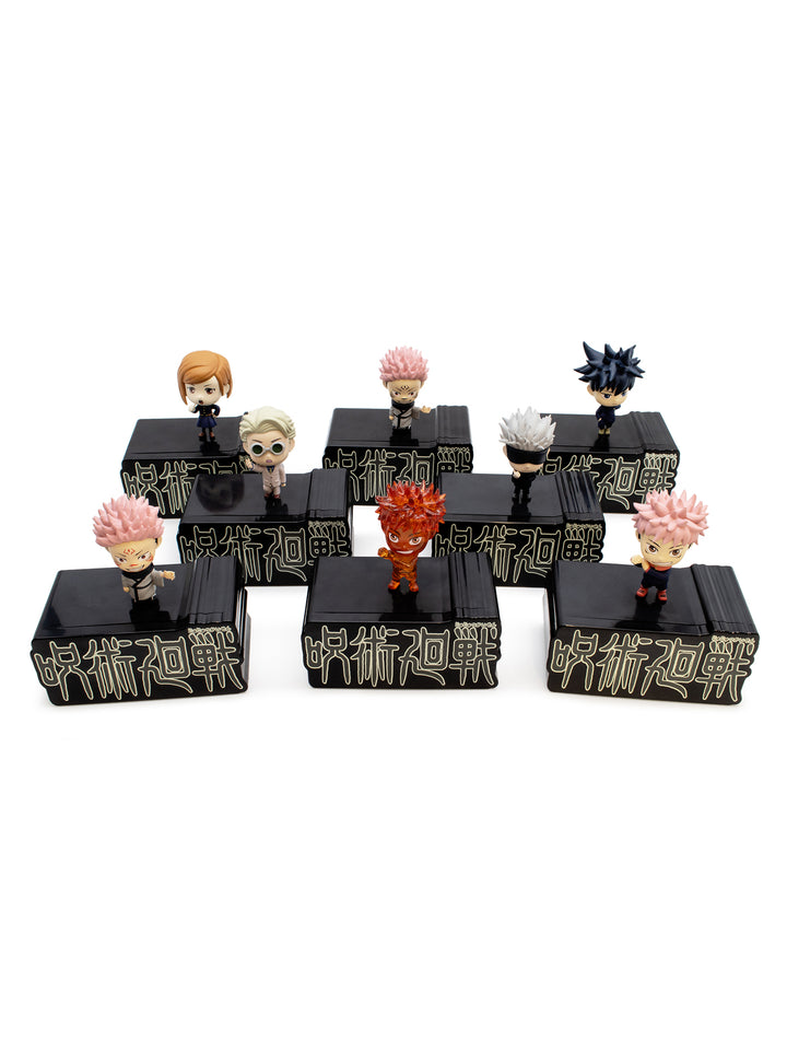 Set of figurines on black stands with 'Jujutsu Kaisen' branding on a white background