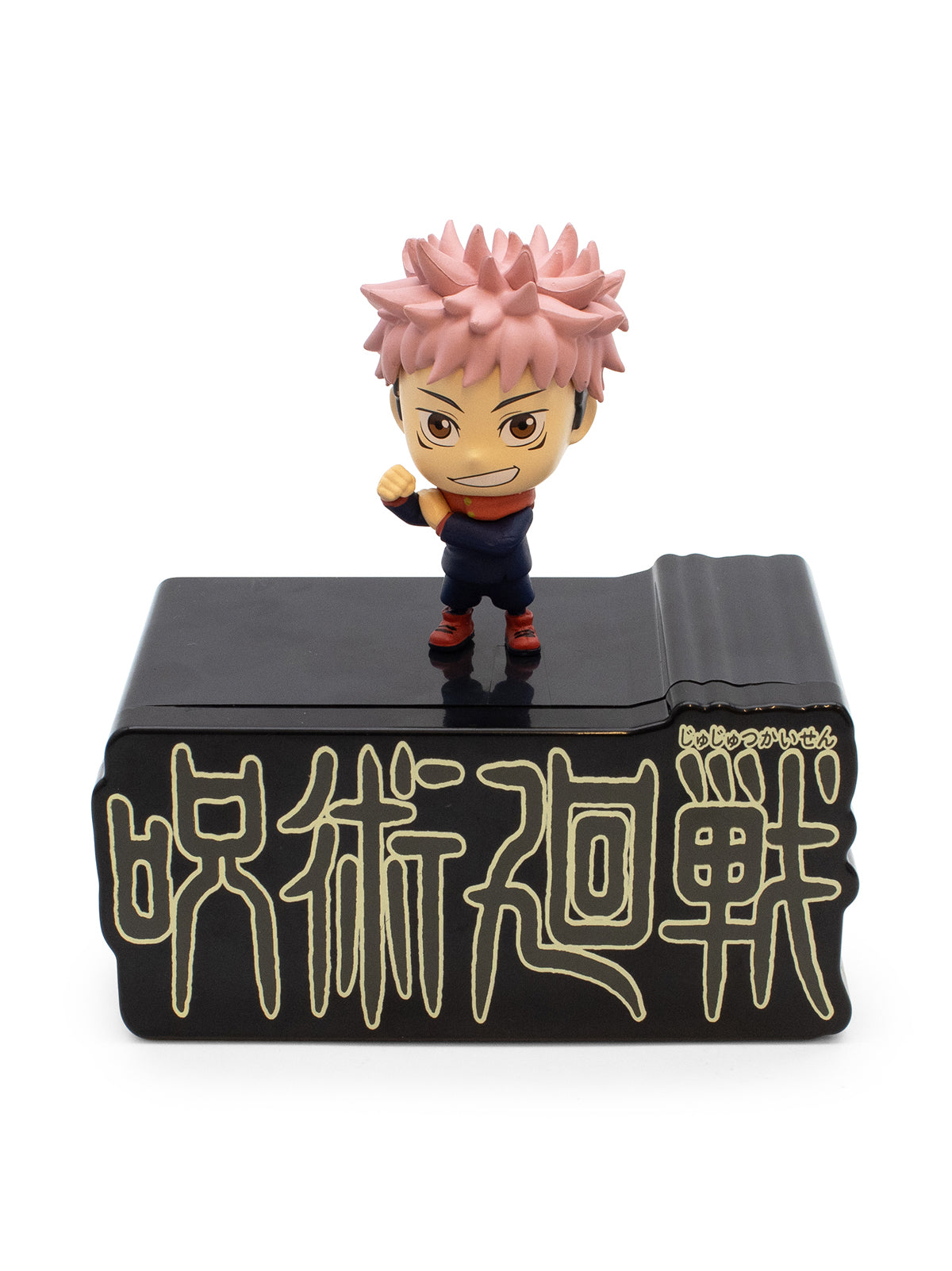 Figurine of Yuji on a black stand with Japanese text