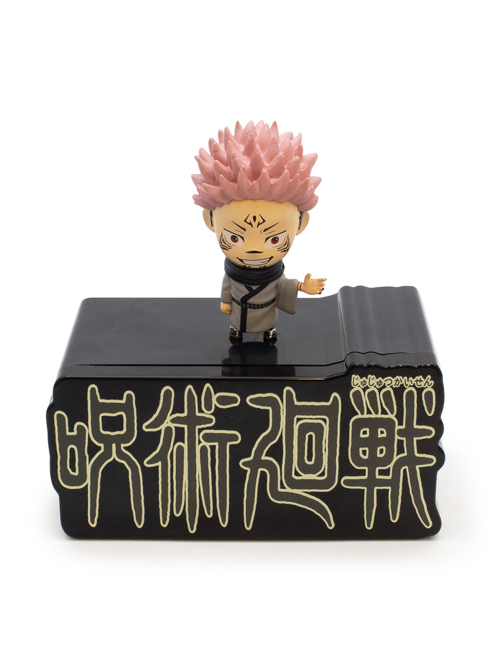 Figurine of sukuna on a black stand with white text on a white background