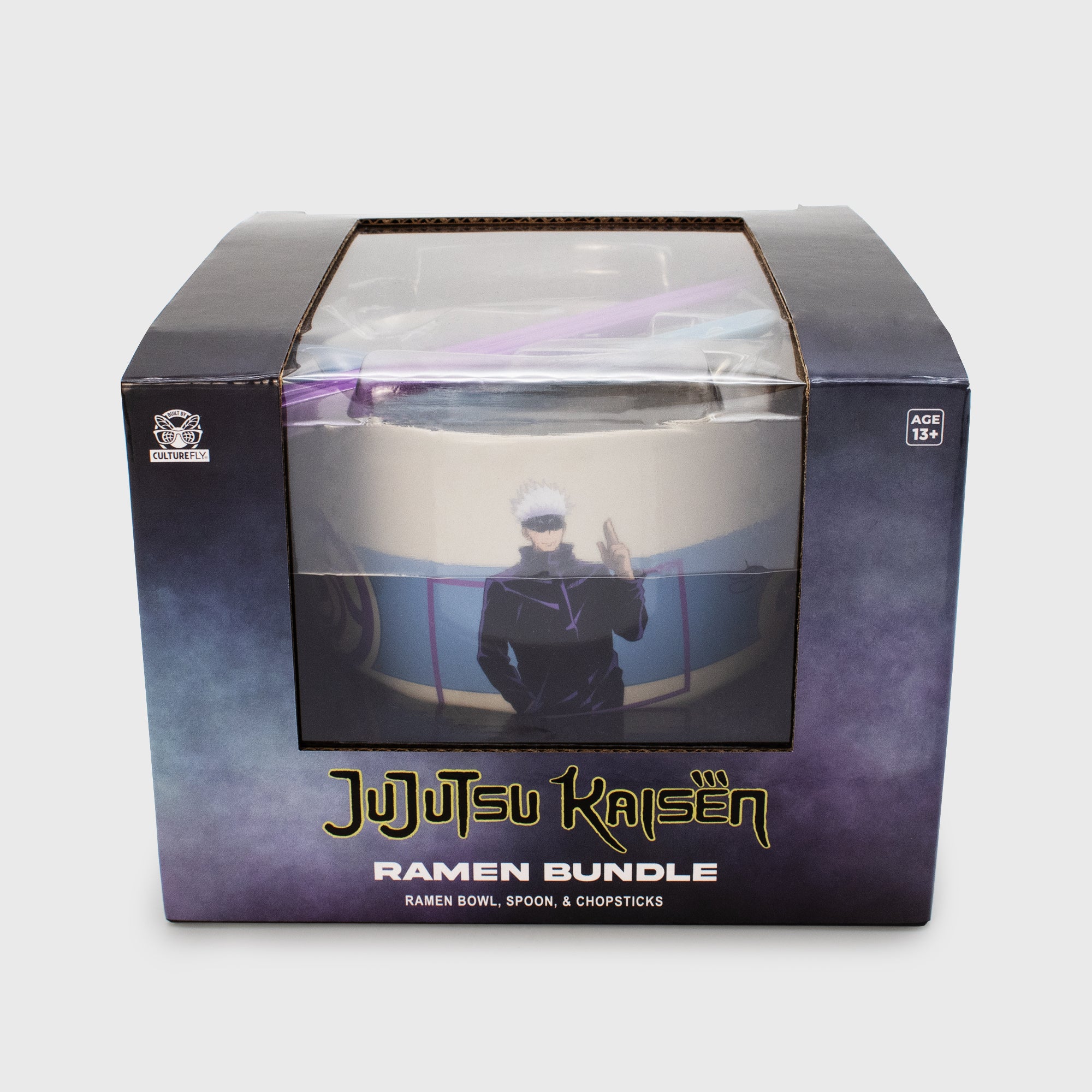 ramen bundle packaging. text: jujutsu kaisen ramen bundle ramen bowl, spoon, & chopsticks. culturefly. age 13+