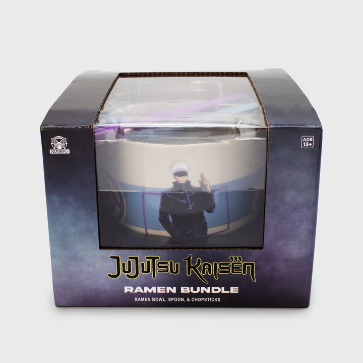 ramen bundle packaging. text: jujutsu kaisen ramen bundle ramen bowl, spoon, & chopsticks. culturefly. age 13+