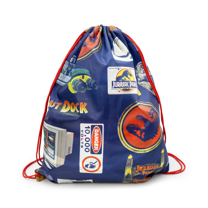 Drawstring bag with Jurassic Park-themed graphics on a white background