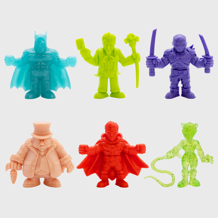 Batman tiny mights set. from top left to top right: batman, the joker, deathstroke, the penguin, robin, catwoman.