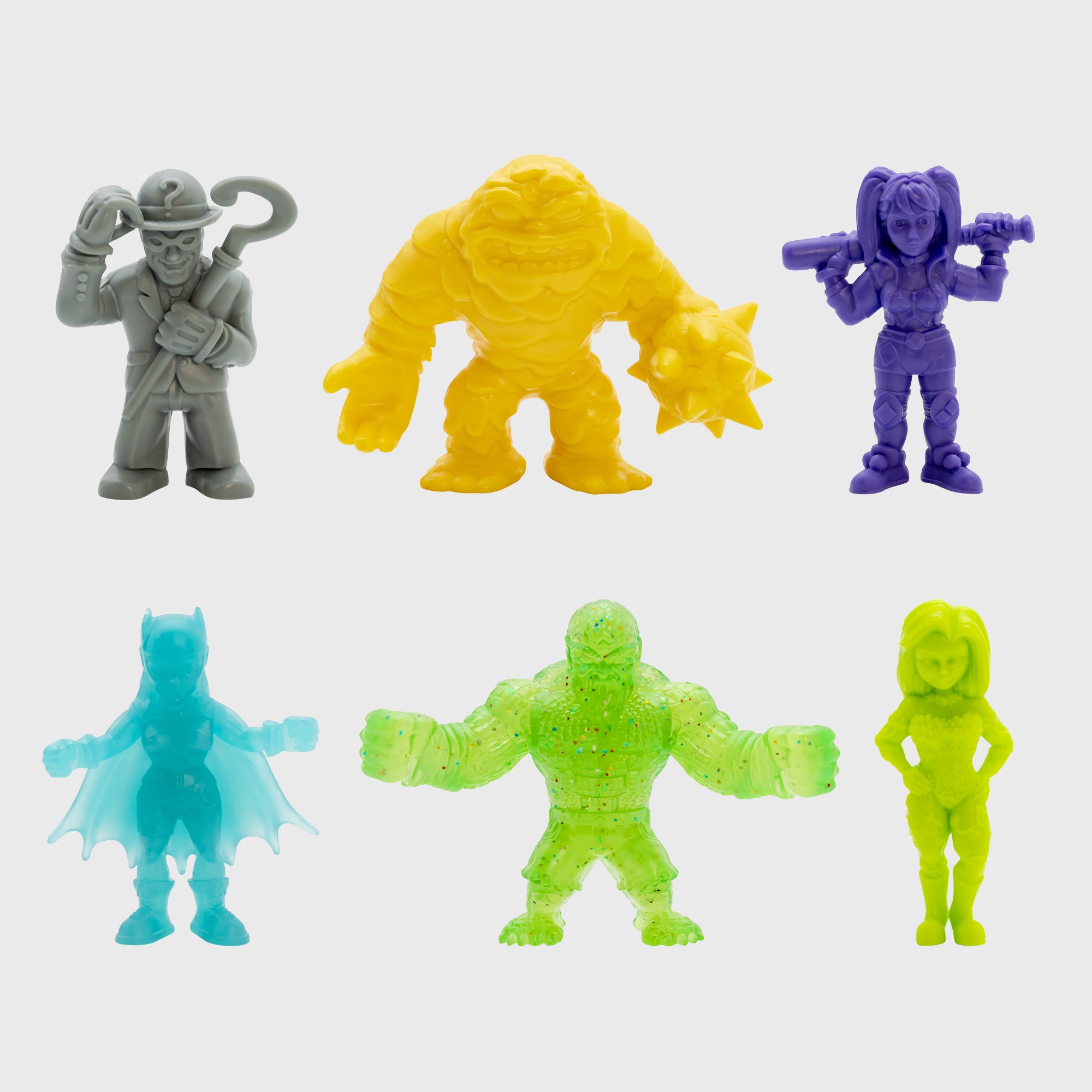 Batman tiny mights set. from top left to top right: the riddler, clayface, harley quinn, batgirl, killer croc, poison ivy.