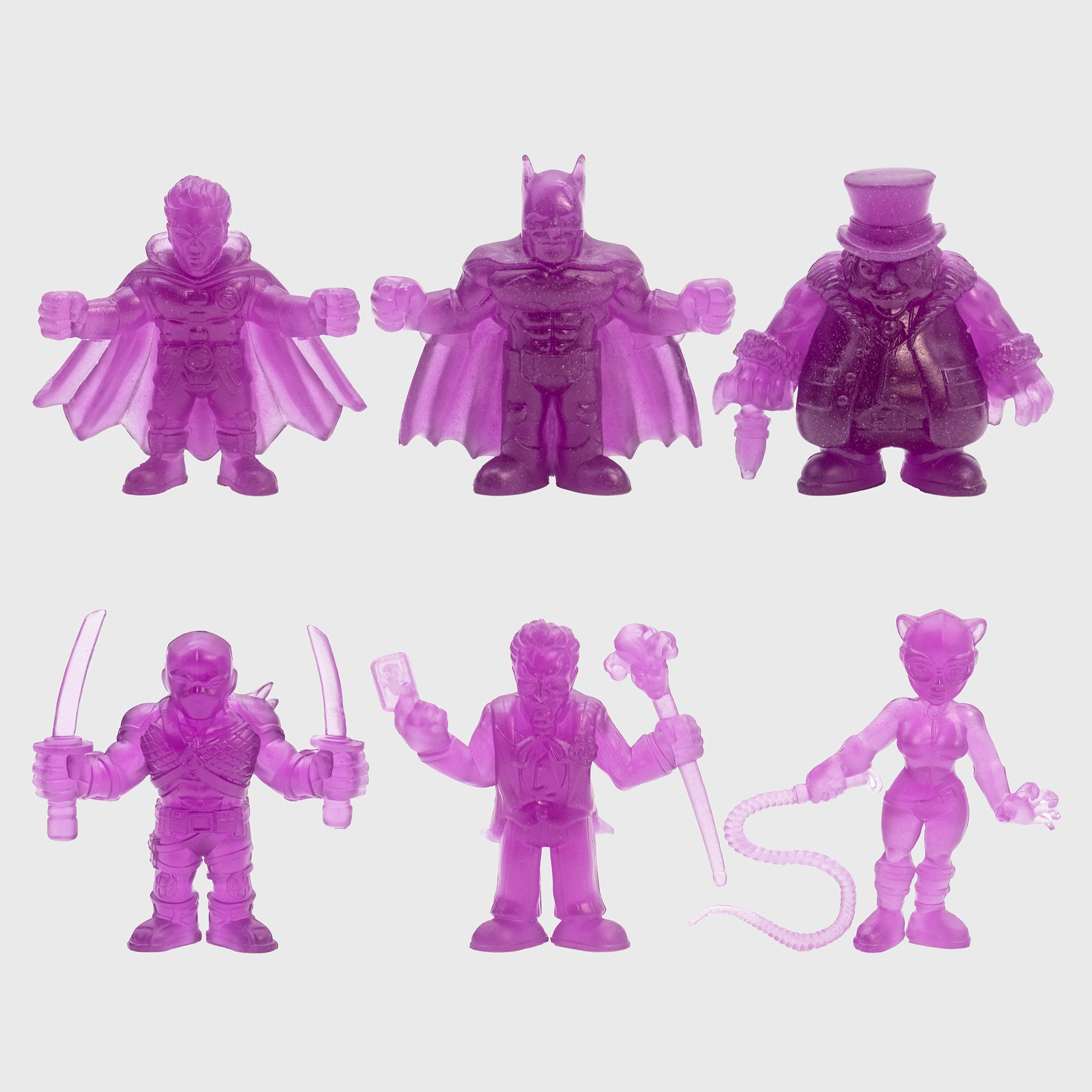 set of 6 figures: robin, batman, the penguin, deathstroke, the joker, catwoman.