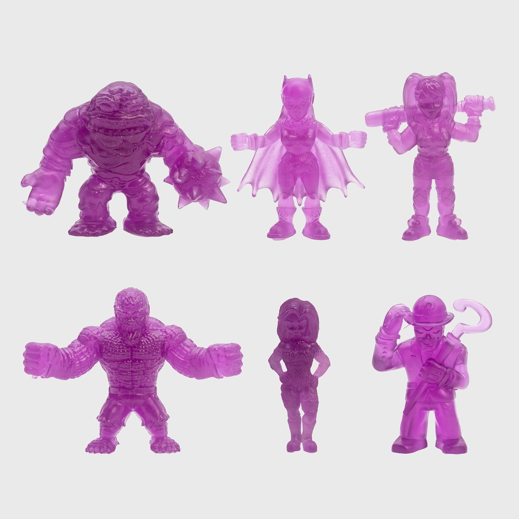 set of 6 figures: clayface, bat girl, harley quinn, killer croc, poison ivy, the riddler