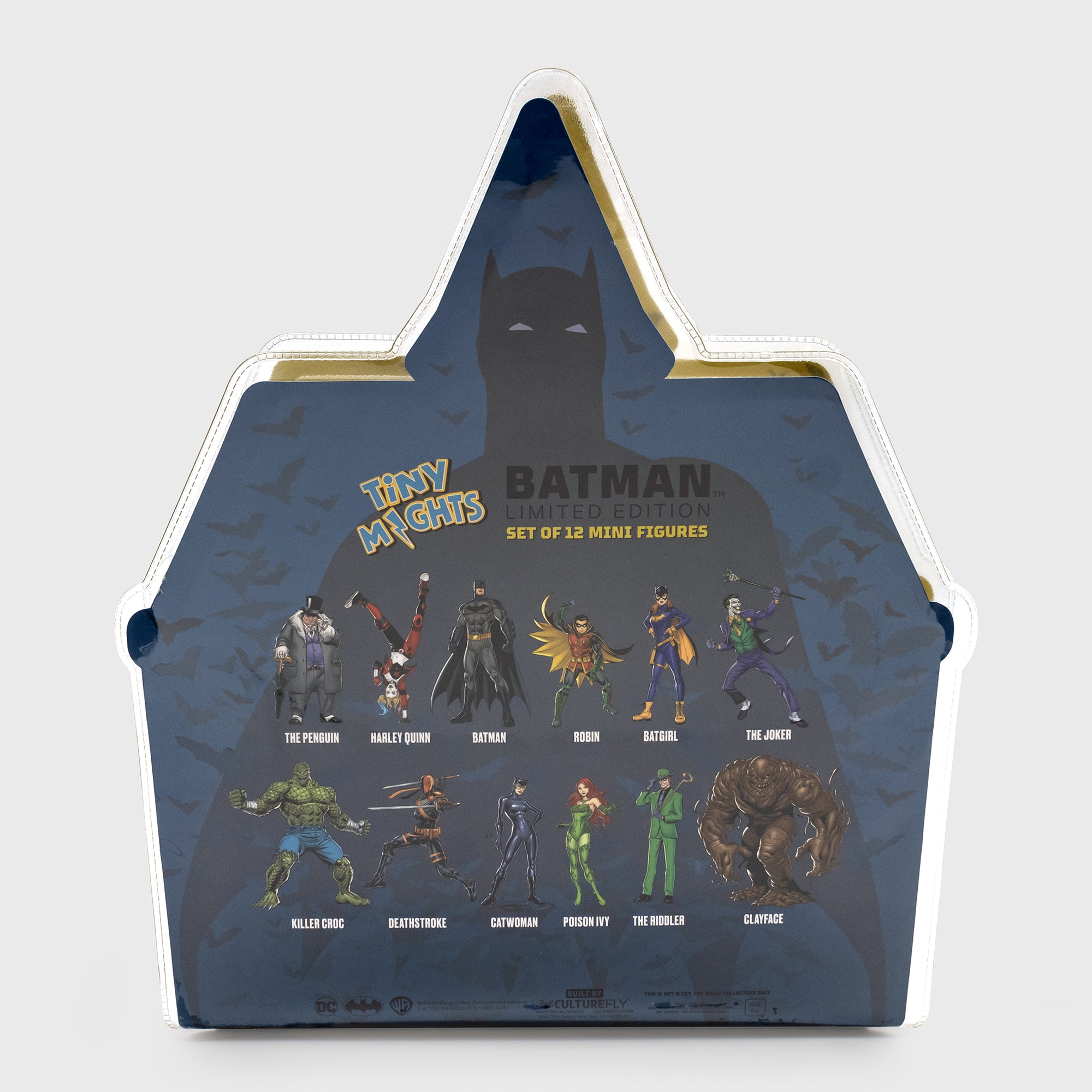 back of packaging. text: tiny mights batman limited edition set of 12 mini figures. shows each character that is in set with text of names. the penguin, harley quinn, batman, robin, batgirl, the joker, killer croc, deathstroke, catwoman, poison ivy, the riddler, clayface