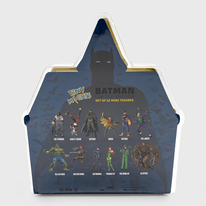 back of packaging. text: tiny mights batman limited edition set of 12 mini figures. shows each character that is in set with text of names. the penguin, harley quinn, batman, robin, batgirl, the joker, killer croc, deathstroke, catwoman, poison ivy, the riddler, clayface