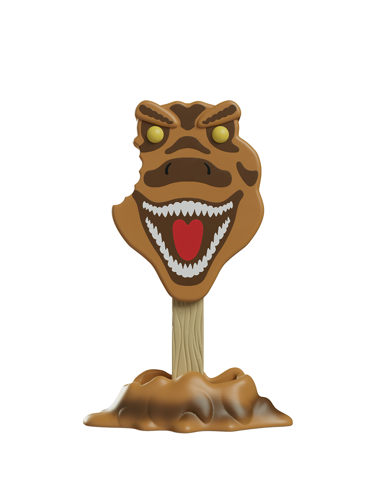 Toy figure of a creature with a stick, resembling a T-Rex, on a white background