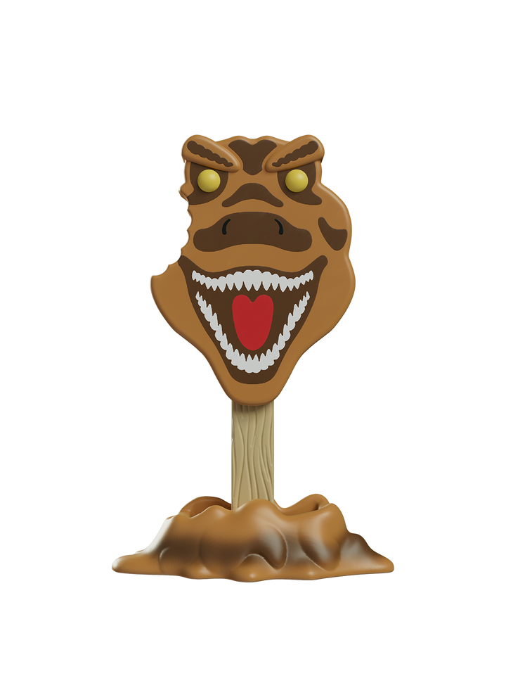 Toy figure of a creature with a stick, resembling a T-Rex, on a white background