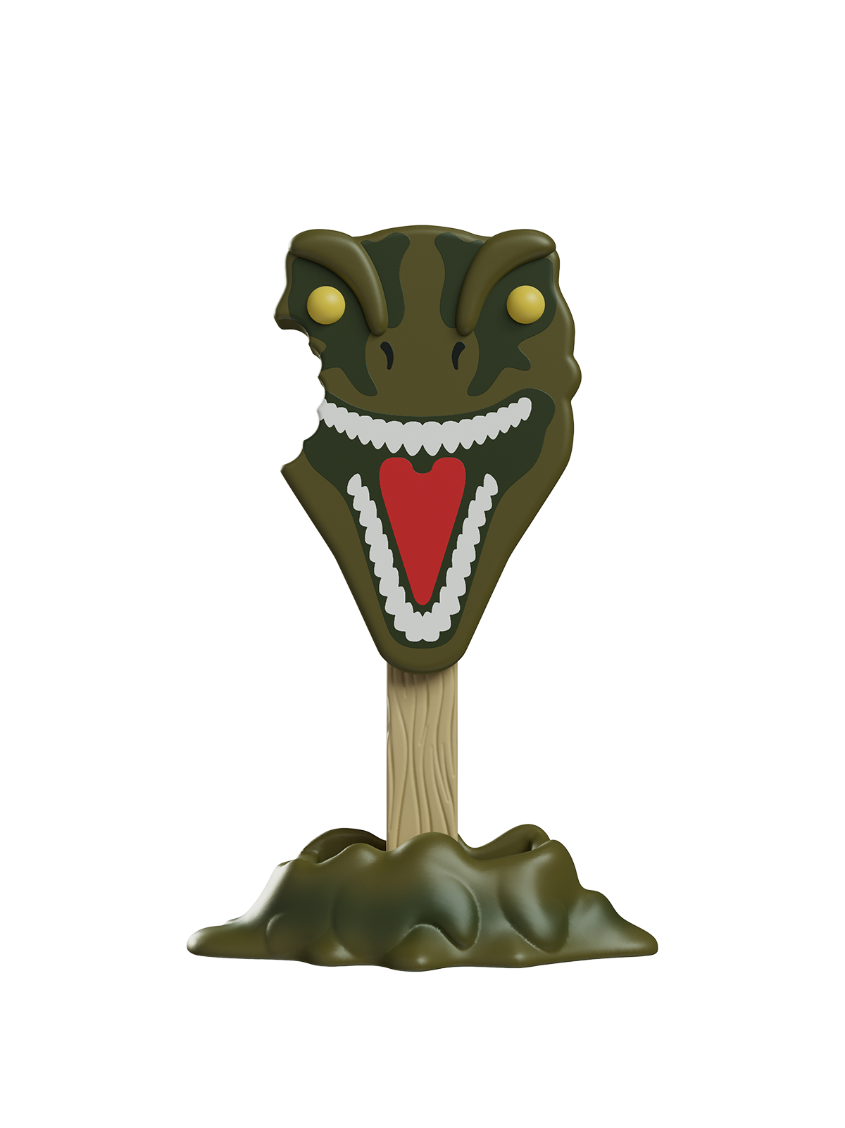 Toy figure of a dinosaur head with a red heart on a white background
