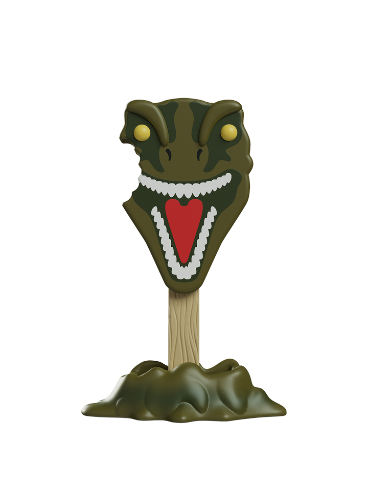 Toy figure of a dinosaur head with a red heart on a white background