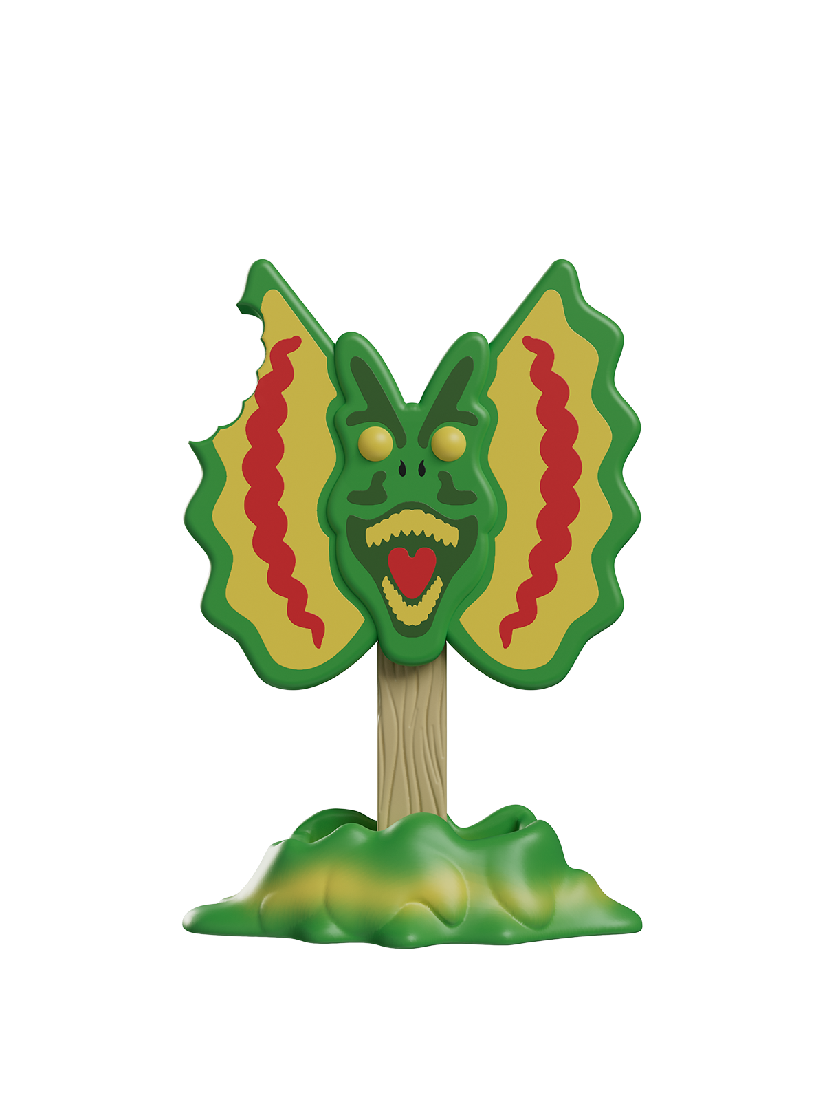 Toy figure of a green and yellow creature with red accents on a white background