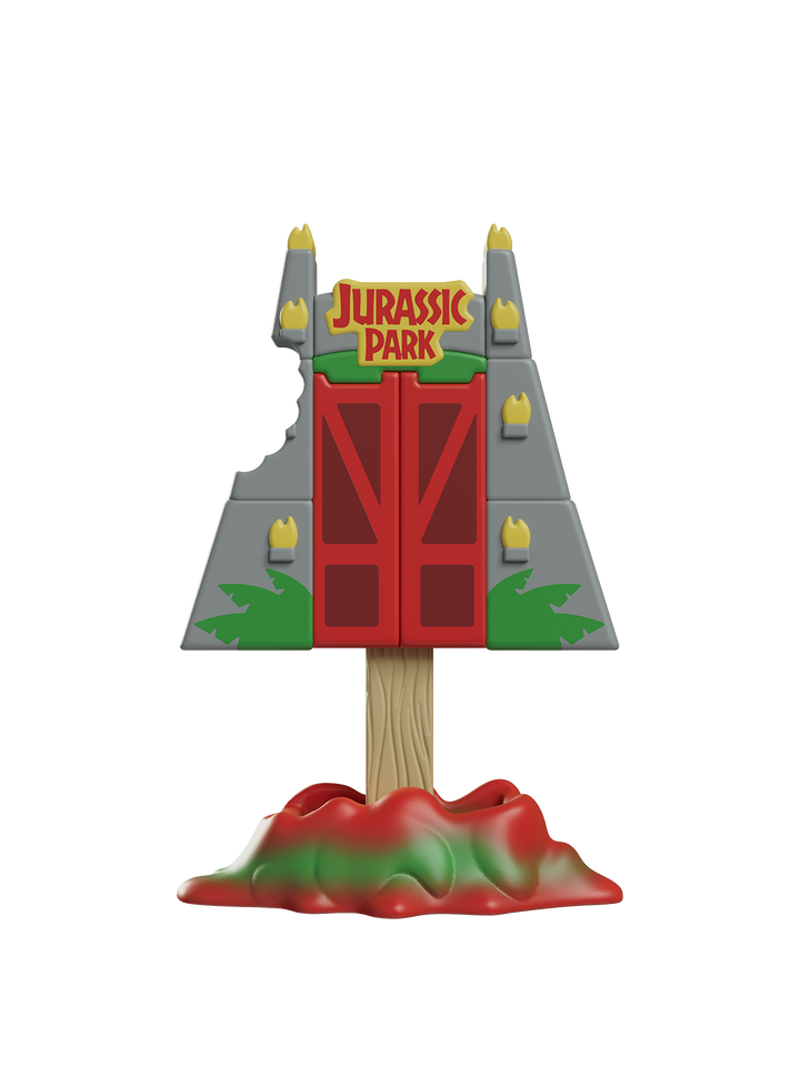 Toy gate with 'Jurassic Park' branding on a white background