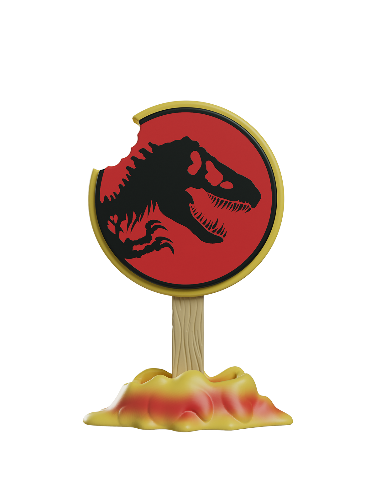 Toy figure of a dinosaur head on a stand with a red circle and yellow border, resembling a warning sign.