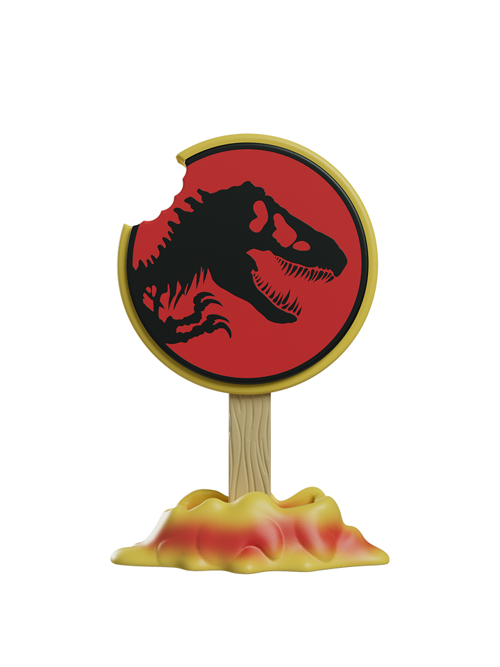 Toy figure of a dinosaur head on a stand with a red circle and yellow border, resembling a warning sign.