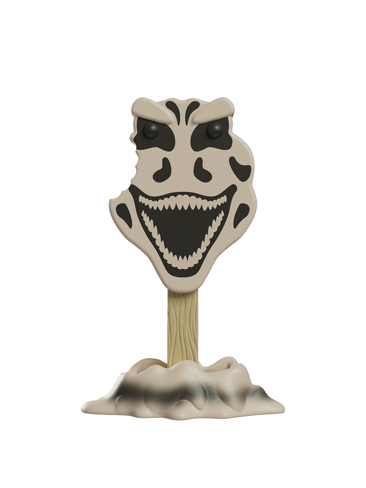 Toy figure of a creature with a skull-like face on a white background