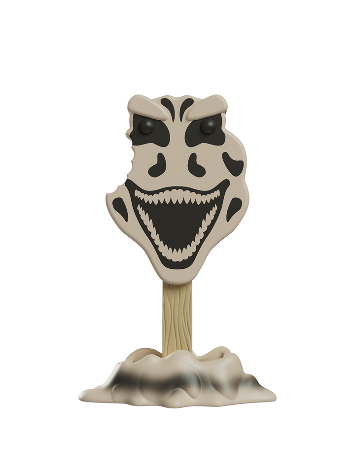 Toy figure of a creature with a skull-like face on a white background