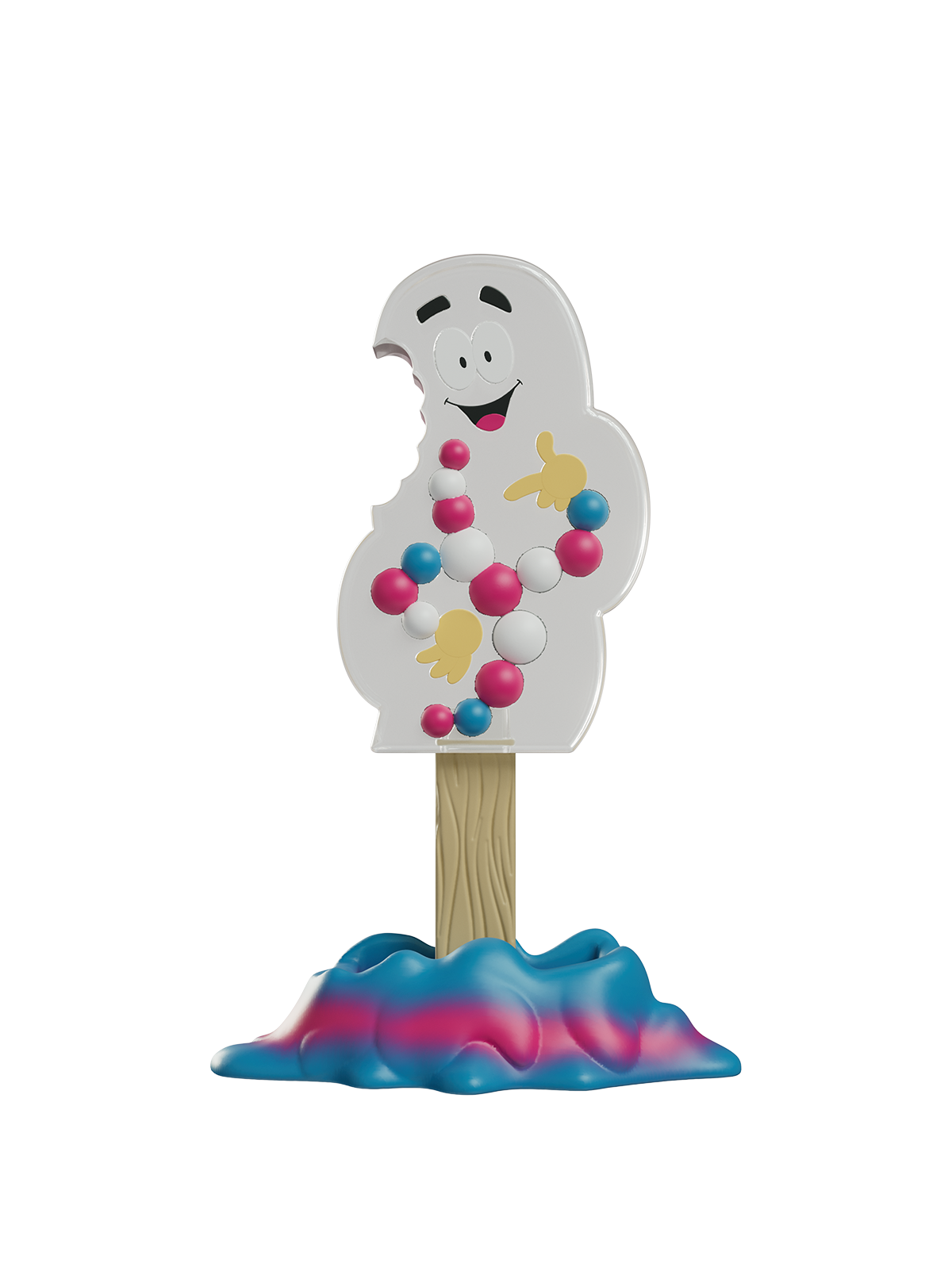 Toy figure of mr dna with colorful bubbles on a stick against a white background