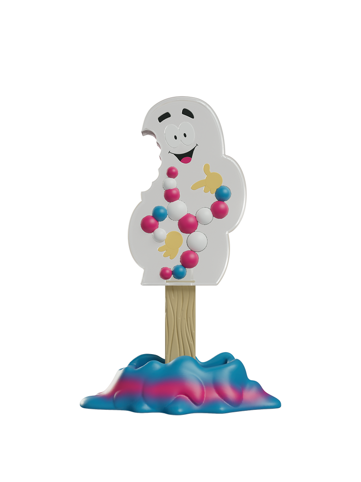 Toy figure of mr dna with colorful bubbles on a stick against a white background