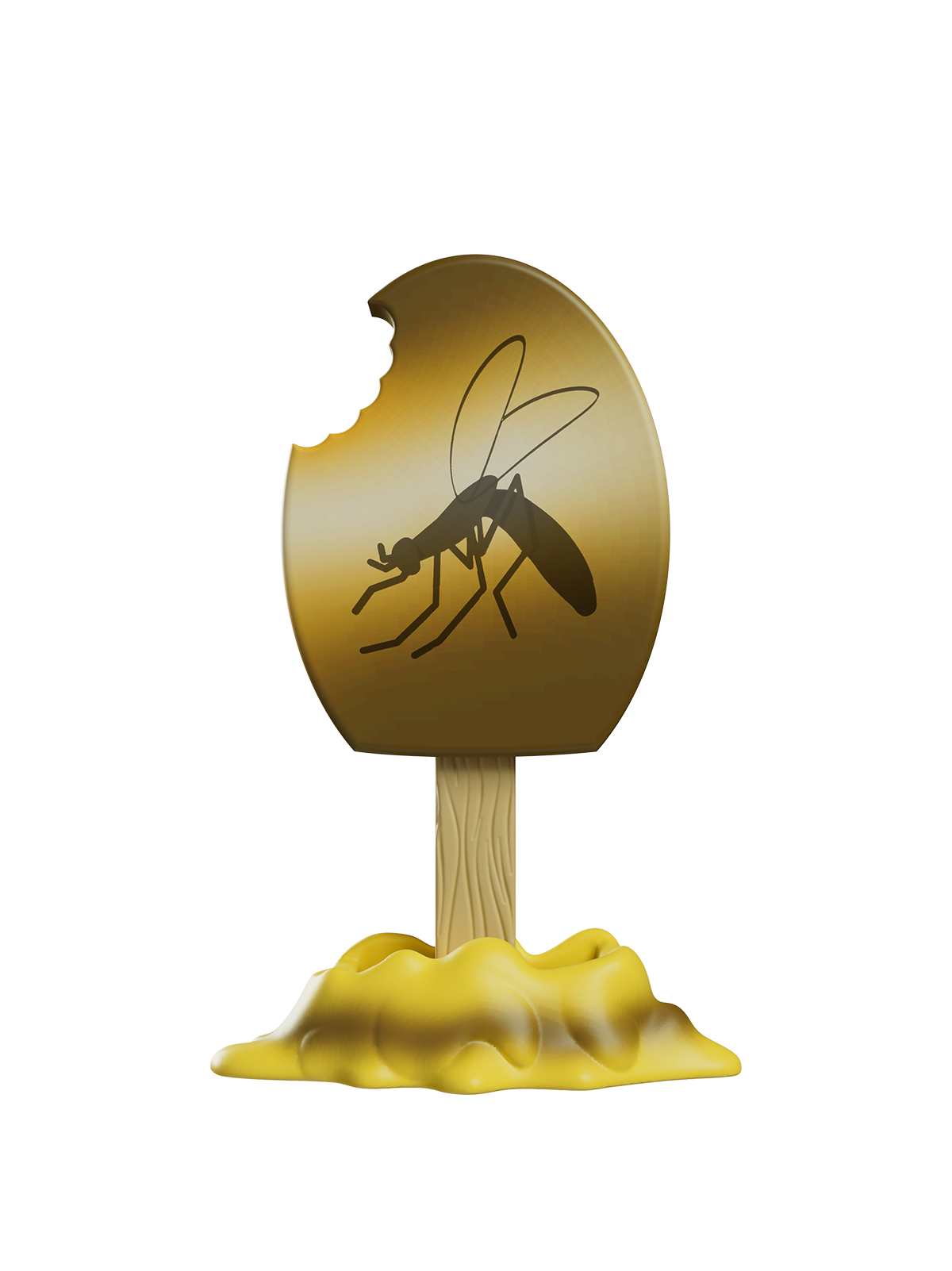 Yellow and brown decorative item with a cracked shell and insect illustration on a white background