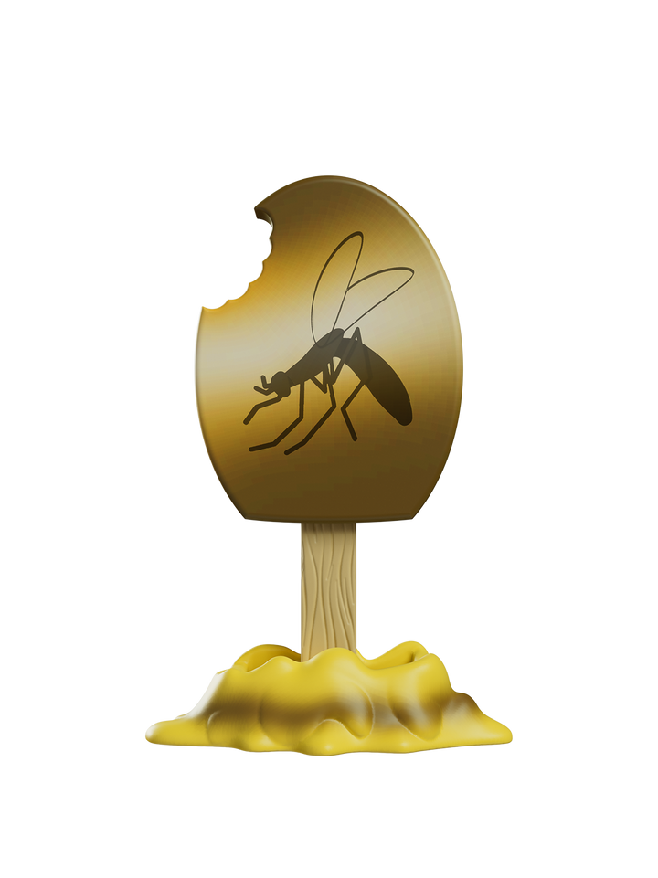 Yellow and brown decorative item with a cracked shell and insect illustration on a white background