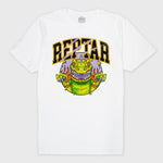 james groman reptar white tee. close up of front image: reptar dinosaur coming out of fire, debri flying. text: reptar.
