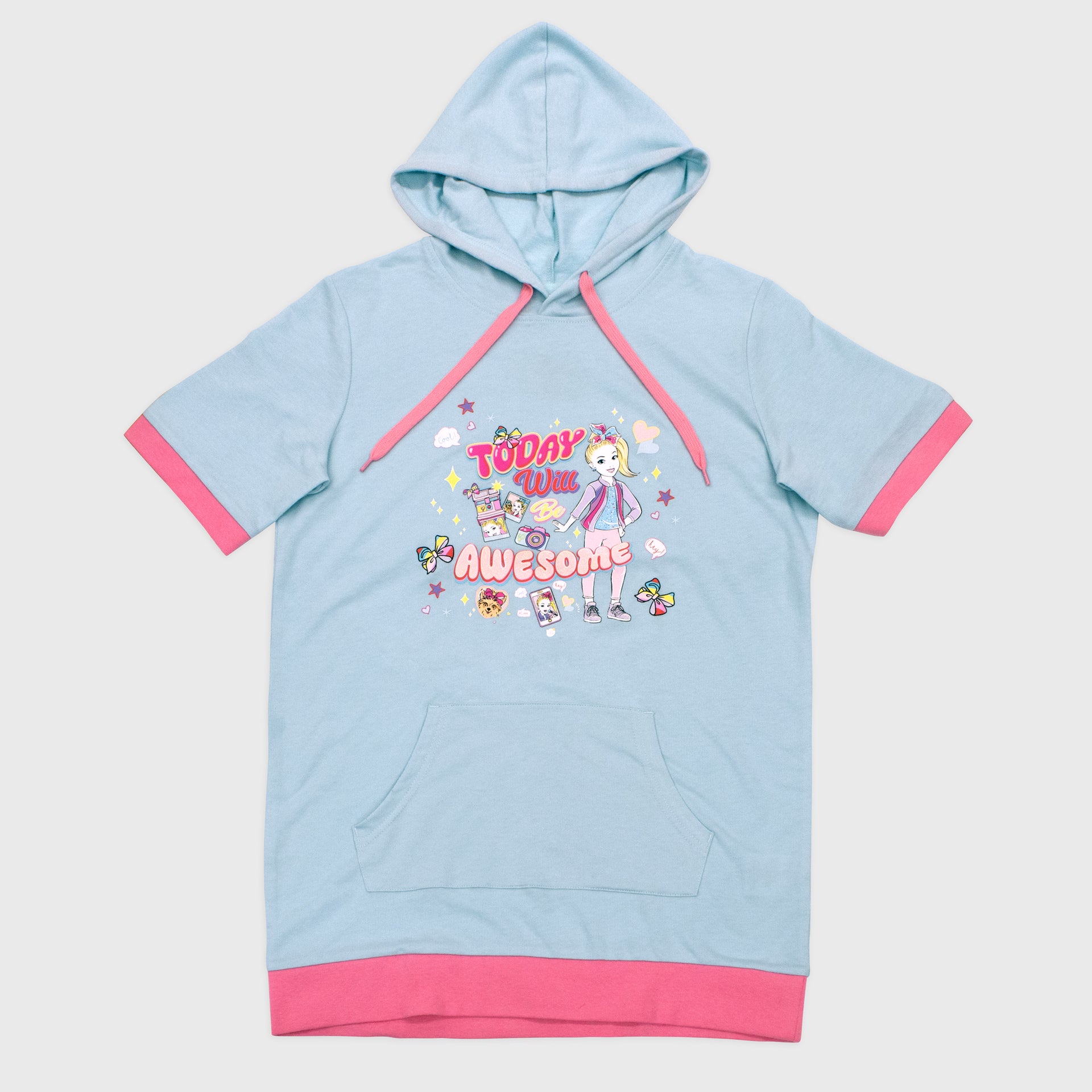 jojo siwa hoodie t-shirt. image on front of hoodie: jojo with camera, stars, hearts, bowbow, phone, and bow. text: today will be awesome. hoodie has front pocket and short sleeves.