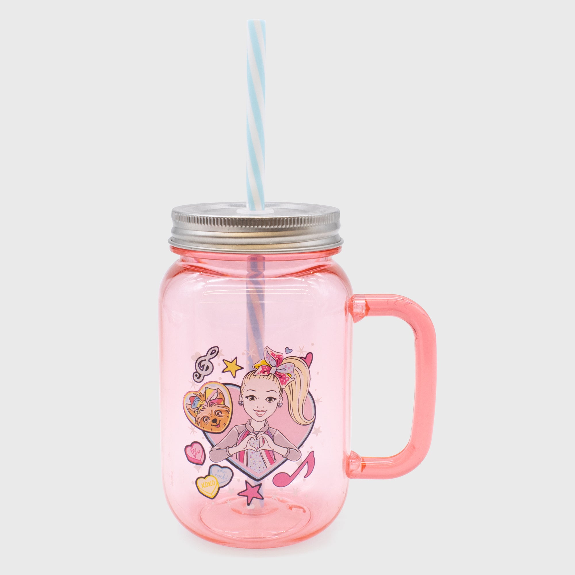 jojo siwa plastic pink mason jar with handle, lid, and plastic straw. image on mug: jojo holding heart shape, music notes, candy hearts, and bowbow.