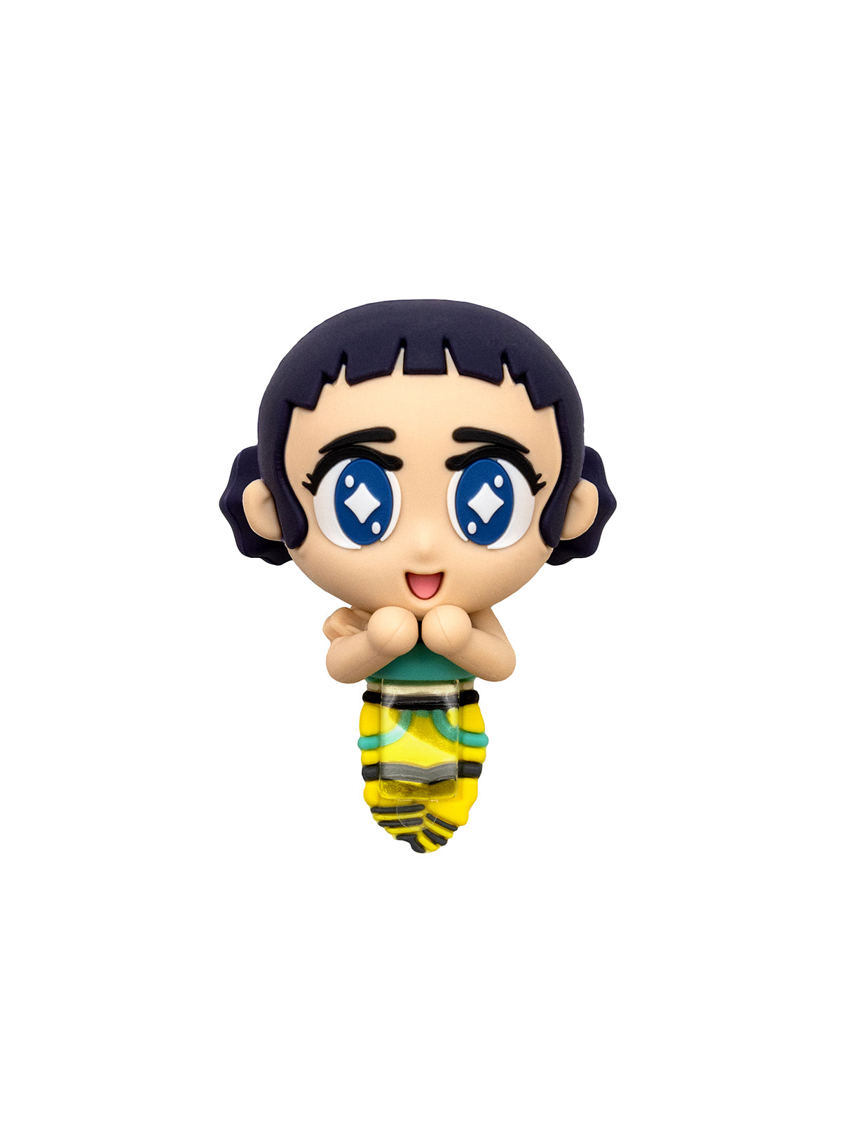 A small chibi-style collectible figure of a girl with short dark hair, large blue eyes, and a green-and-yellow striped skirt, shown against a plain white background.