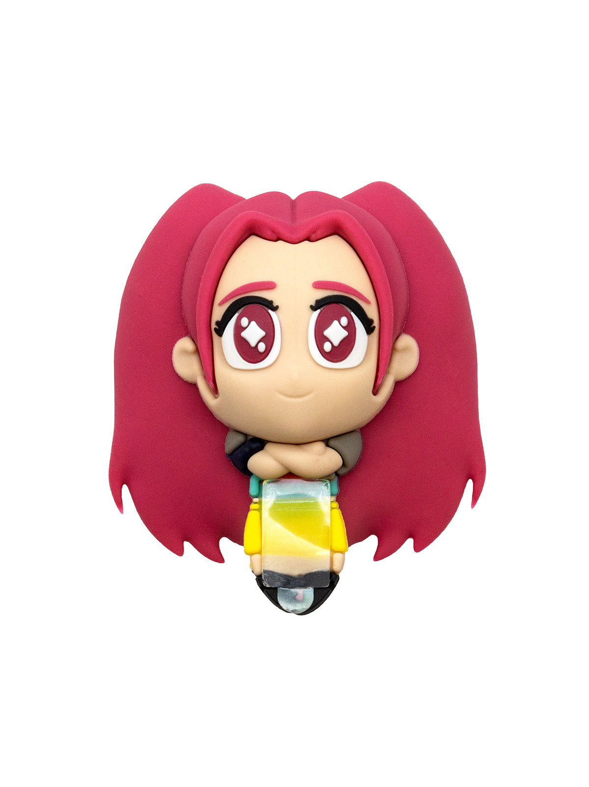 A chibi-style vinyl figure with bright pink hair, large expressive eyes, shown on a plain white background.