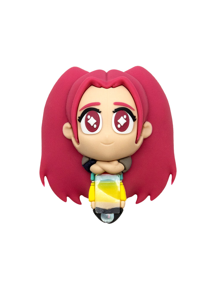 A chibi-style vinyl figure with bright pink hair, large expressive eyes, shown on a plain white background.