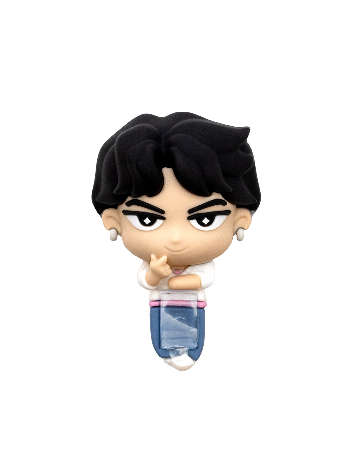 A small stylized collectible figure of a person with black hair, large eyes, and a white-and-blue outfit, shown centered on a plain white background.