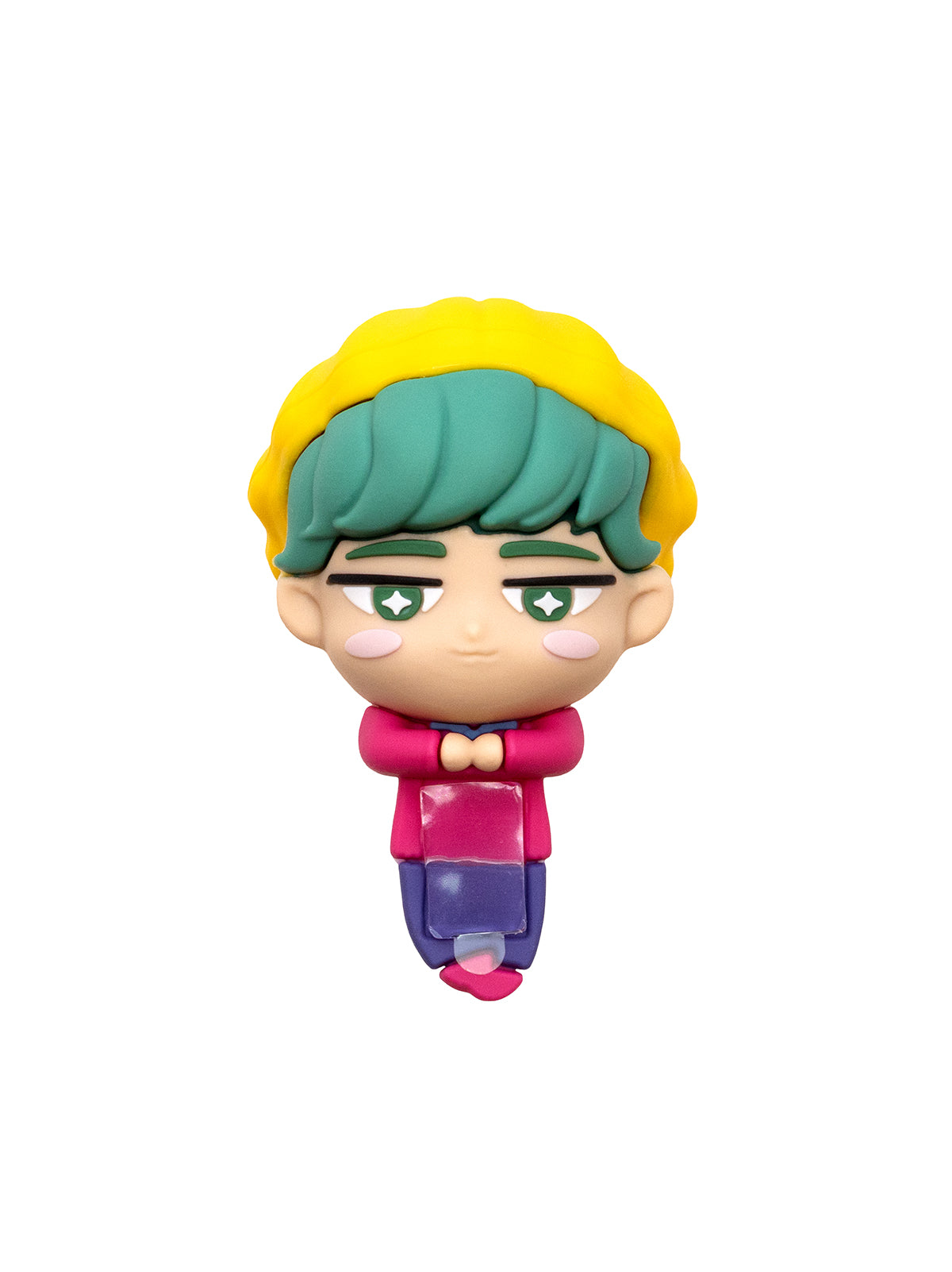 A stylized chibi figurine of a character with yellow hair, green eyes, teal hair, a pink shirt, and purple pants, shown against a plain white background.