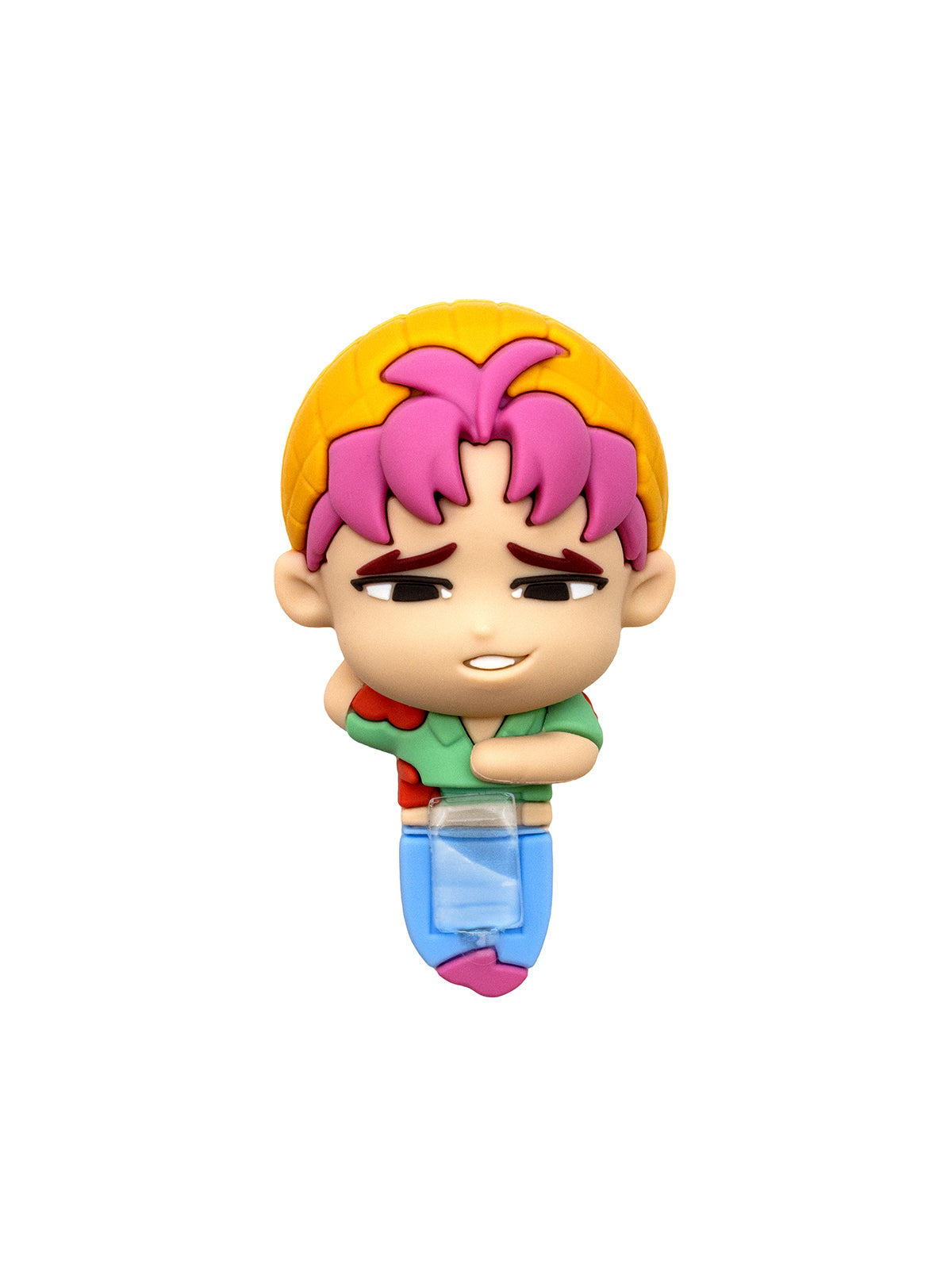 A small chibi-style character figure with yellow hair, pink hair, a green shirt, red shorts, and blue pants, shown against a plain white background.