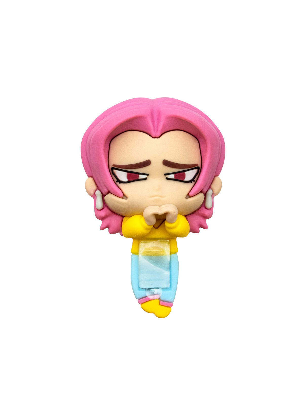 A chibi-style anime figurine with pink hair, a yellow top, and a blue skirt, shown against a plain white background.