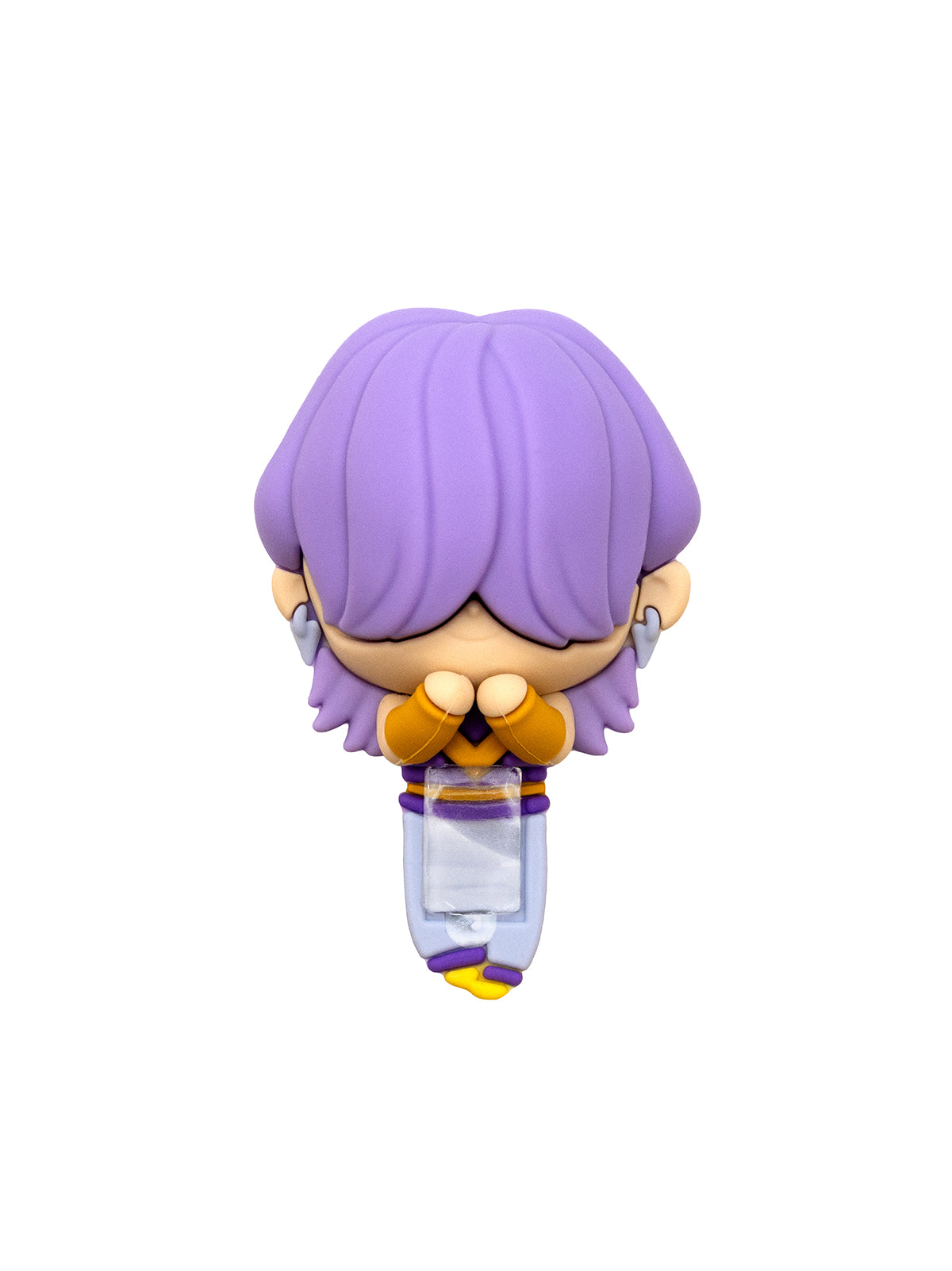 A chibi-style collectible figure with short lavender-purple hair, wearing a yellow and purple outfit, shown against a plain white background.