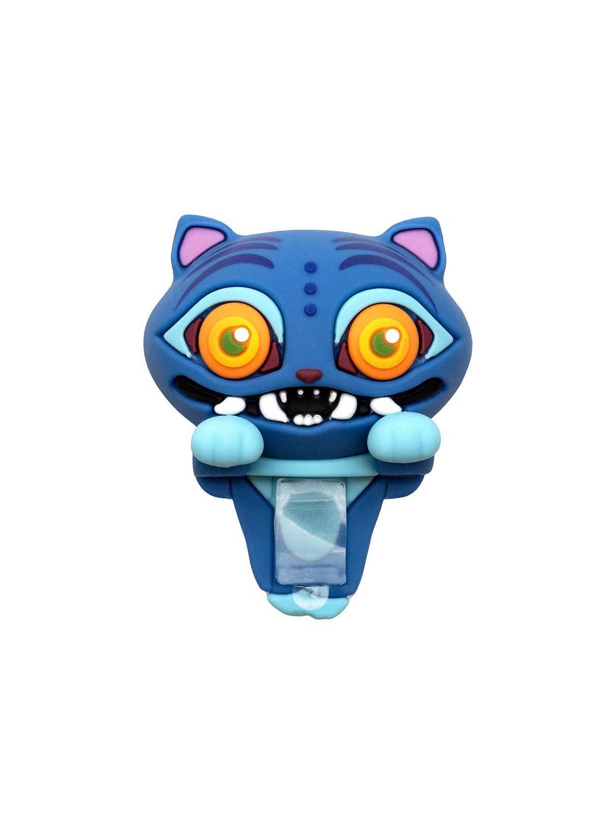 A blue cartoon cat-shaped novelty item with large orange eyes, pink inner ears, and a clear plastic slot in the center, shown on a plain white background.