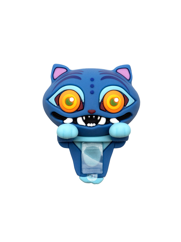 A blue cartoon cat-shaped novelty item with large orange eyes, pink inner ears, and a clear plastic slot in the center, shown on a plain white background.