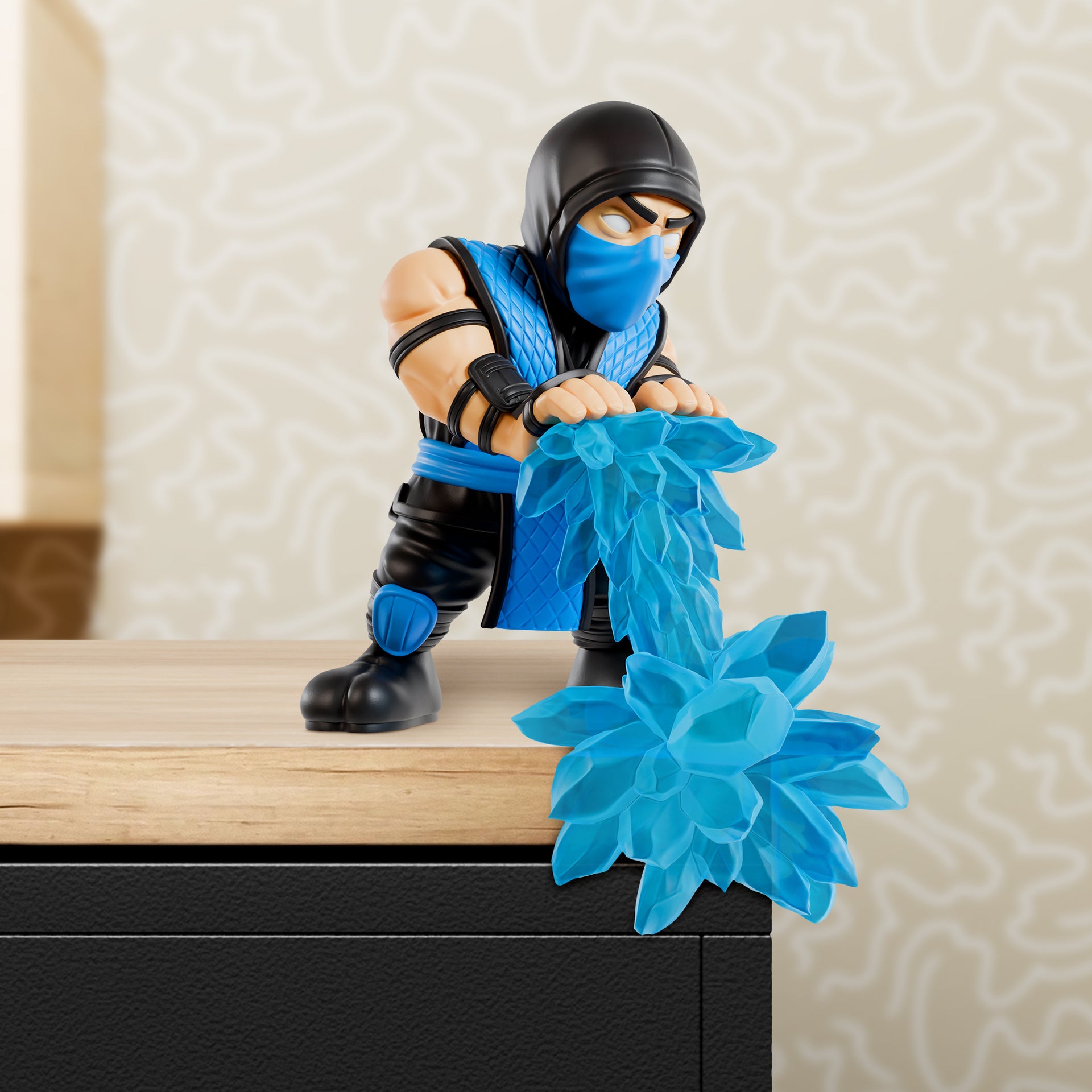 Ninja figurine with blue ice effect on a wooden surface