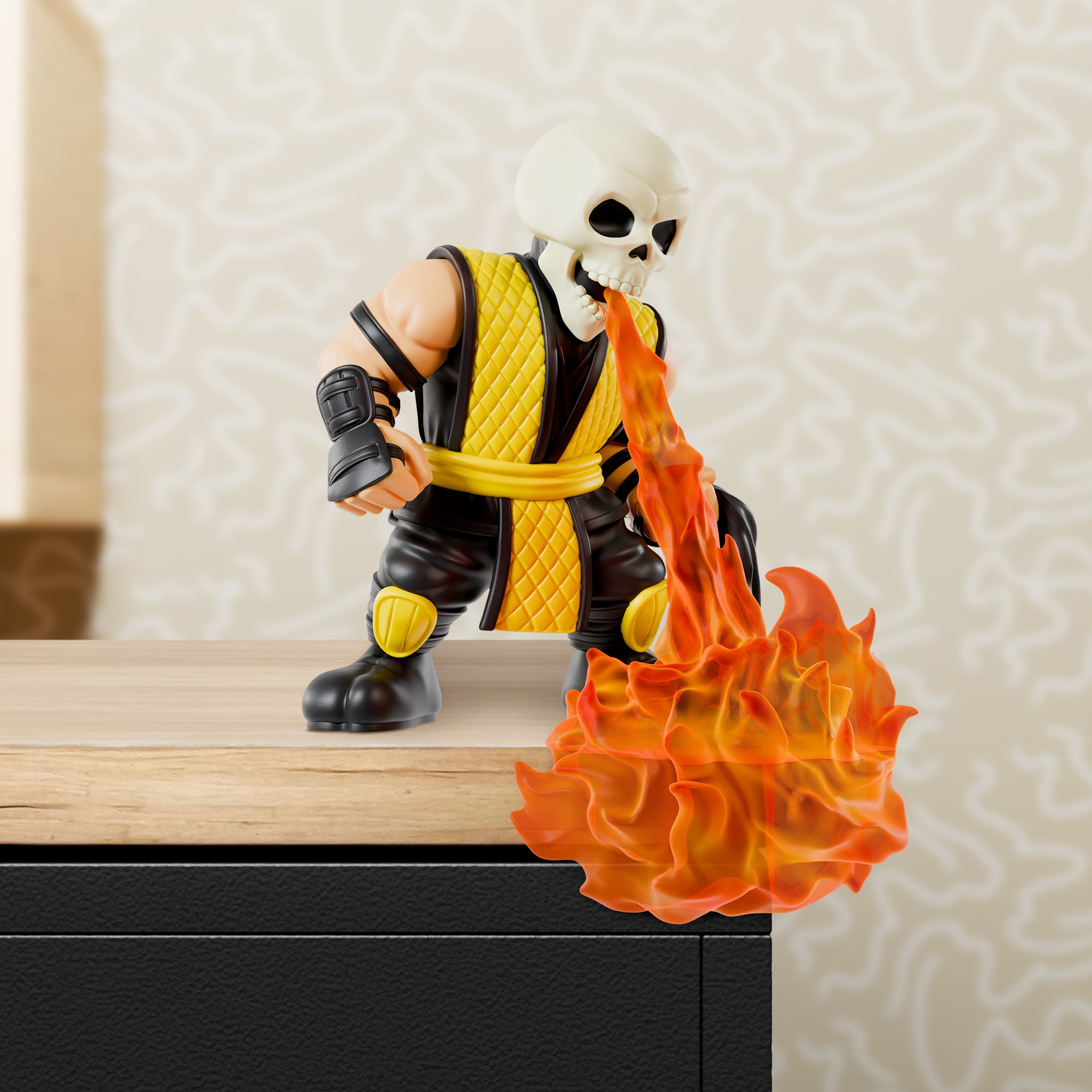 Skeleton figure in yellow and black outfit with flame effect on a wooden surface