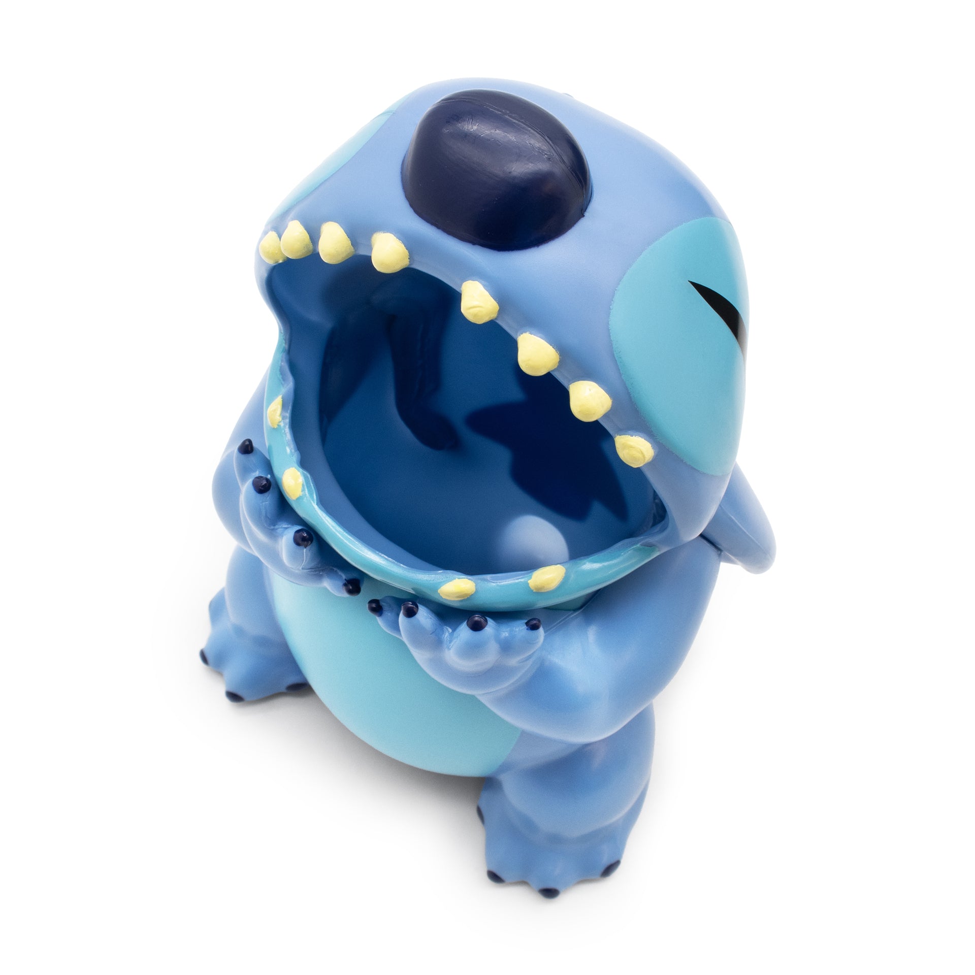 Blue cartoon character with open mouth on a white background